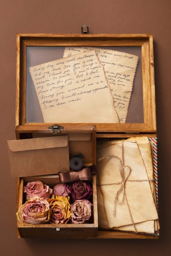 Caja antigua llena de cartas y cosas antiguas para restaurar.
